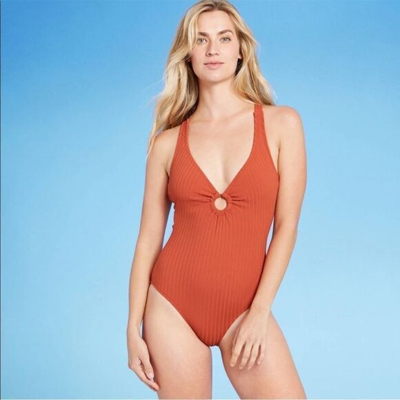 New KONA SOL Ribbed Orange Tie Back Swimsuit M - Picture 1 of 10